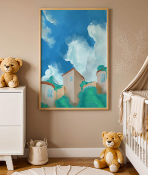 Serene landscape with houses and fluffy clouds against a blue sky