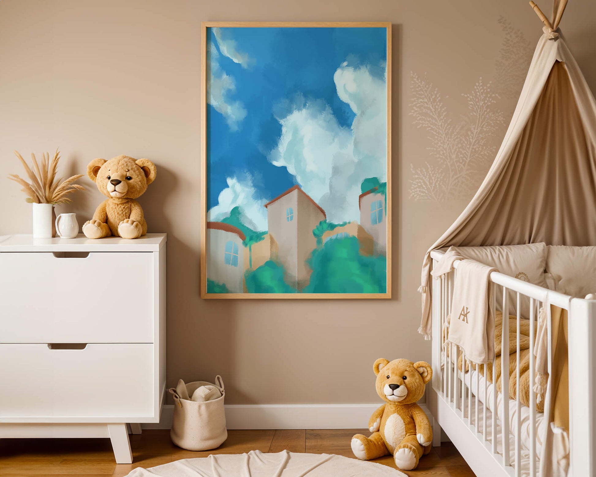 Serene landscape with houses and fluffy clouds against a blue sky