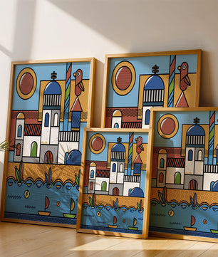 Bunte geometrische Küstendorf-Illustration mit Vögeln und Booten