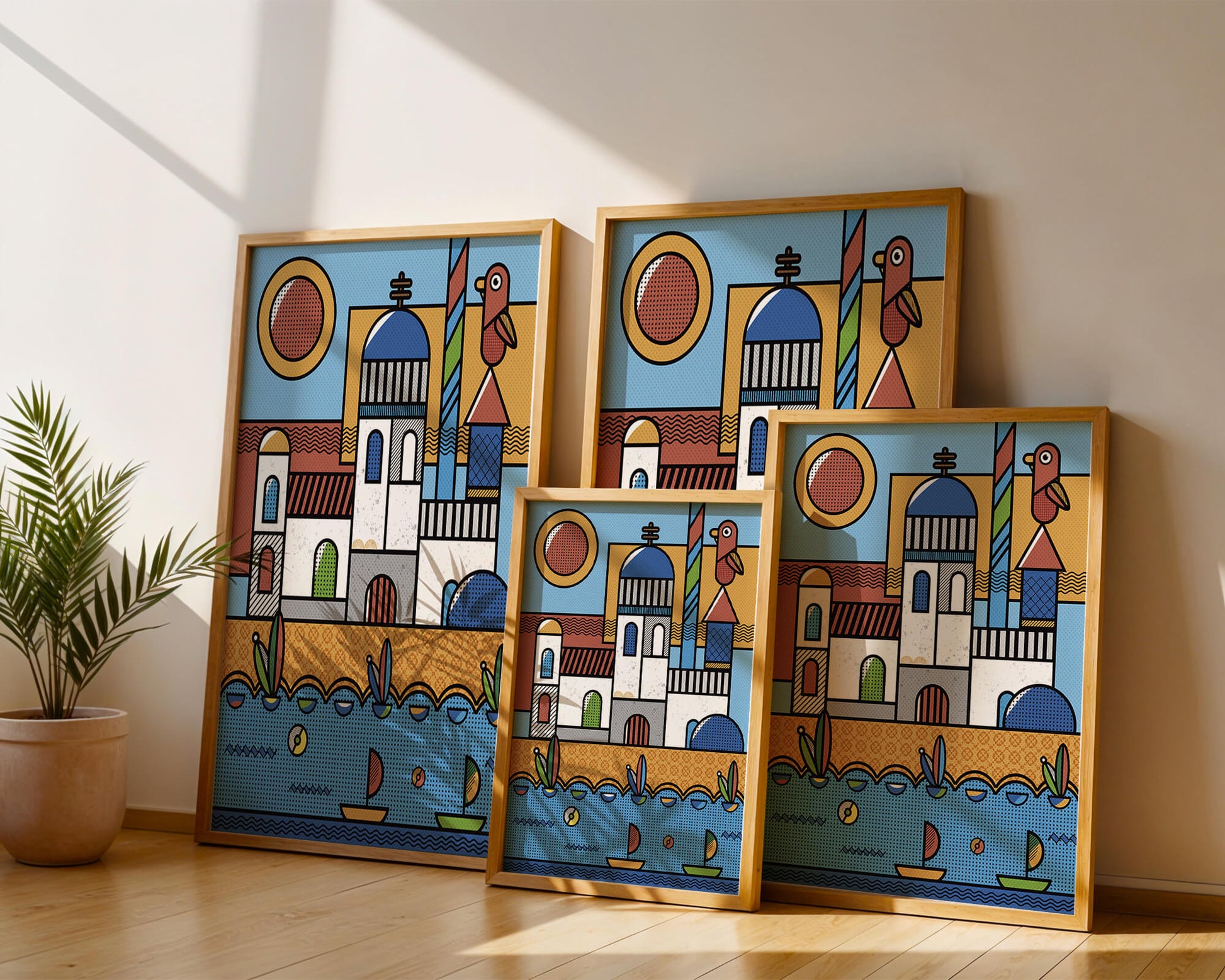 Bunte geometrische Küstendorf-Illustration mit Vögeln und Booten