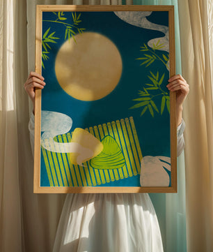 Moonlit night with bamboo and dumplings on a mat