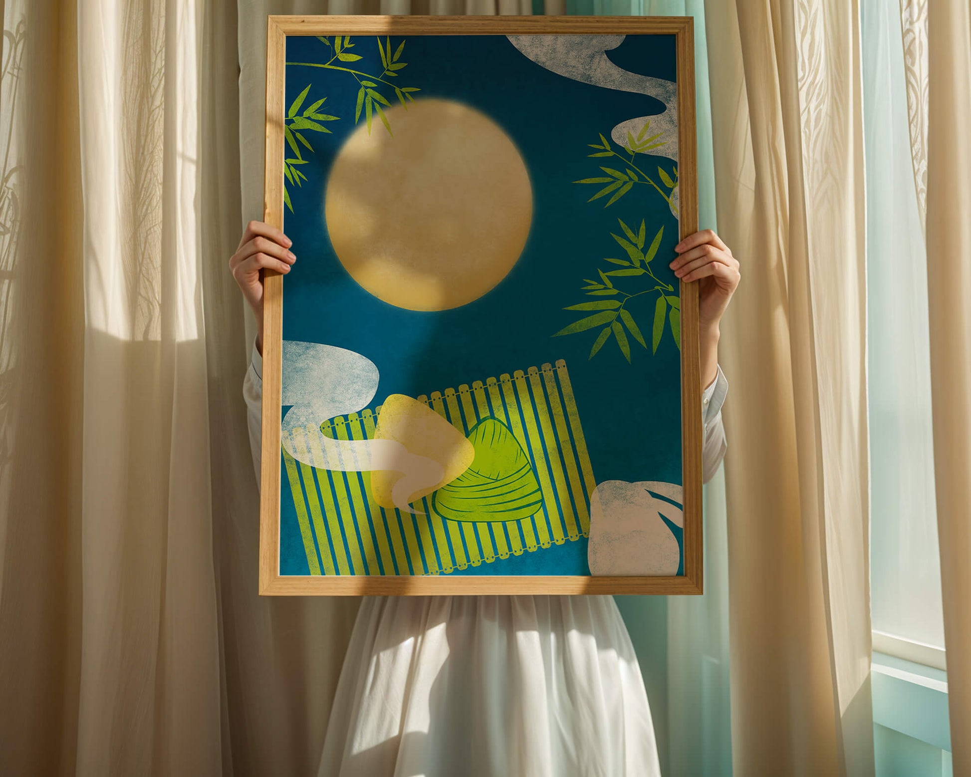 Moonlit night with bamboo and dumplings on a mat
