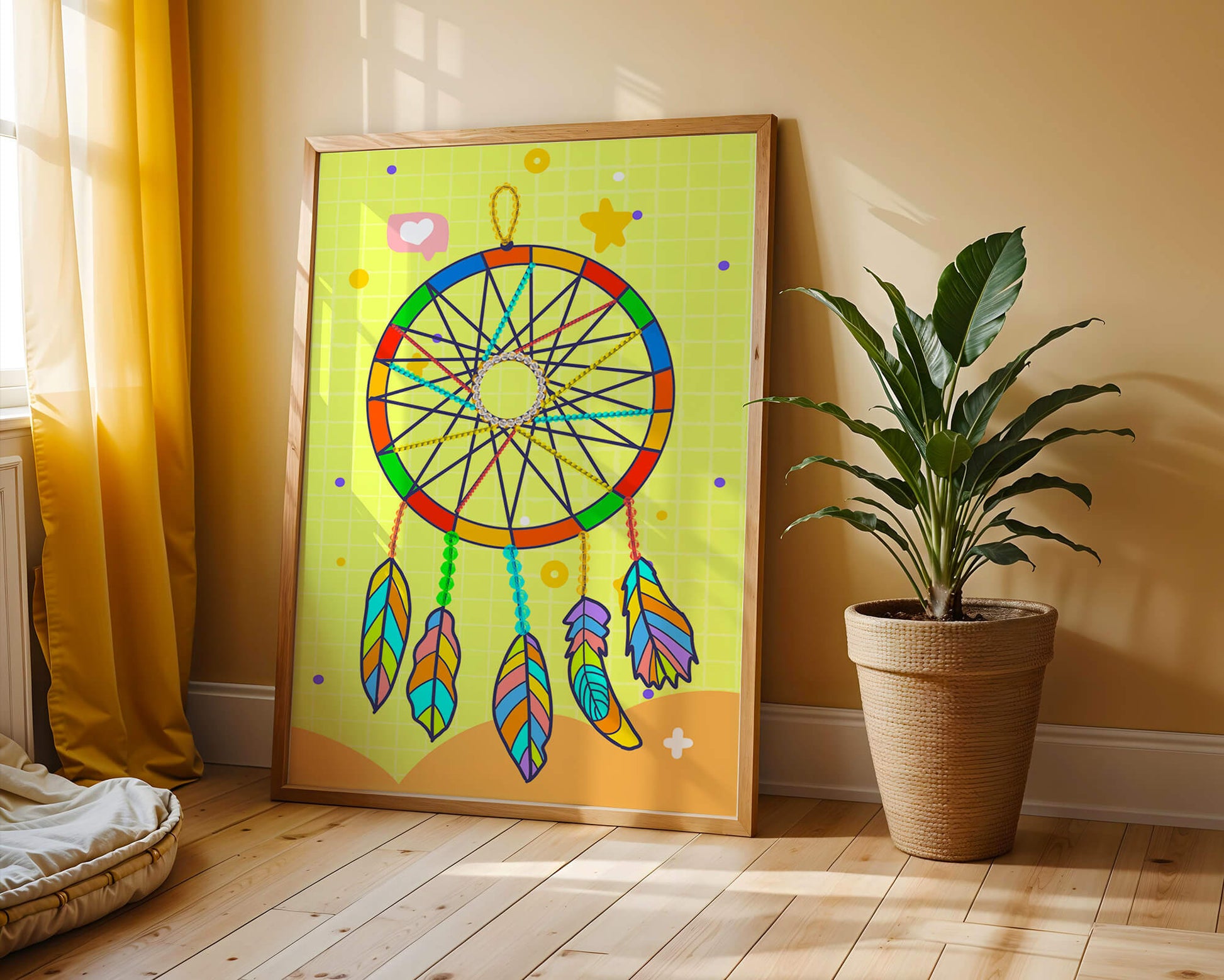 Colorful dreamcatcher on a vibrant yellow background