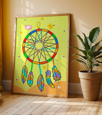 Colorful dreamcatcher on a vibrant yellow background