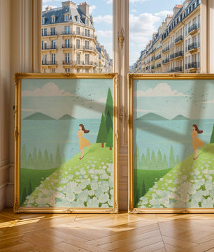 Femme en robe jaune sur une colline avec fleurs et arbres