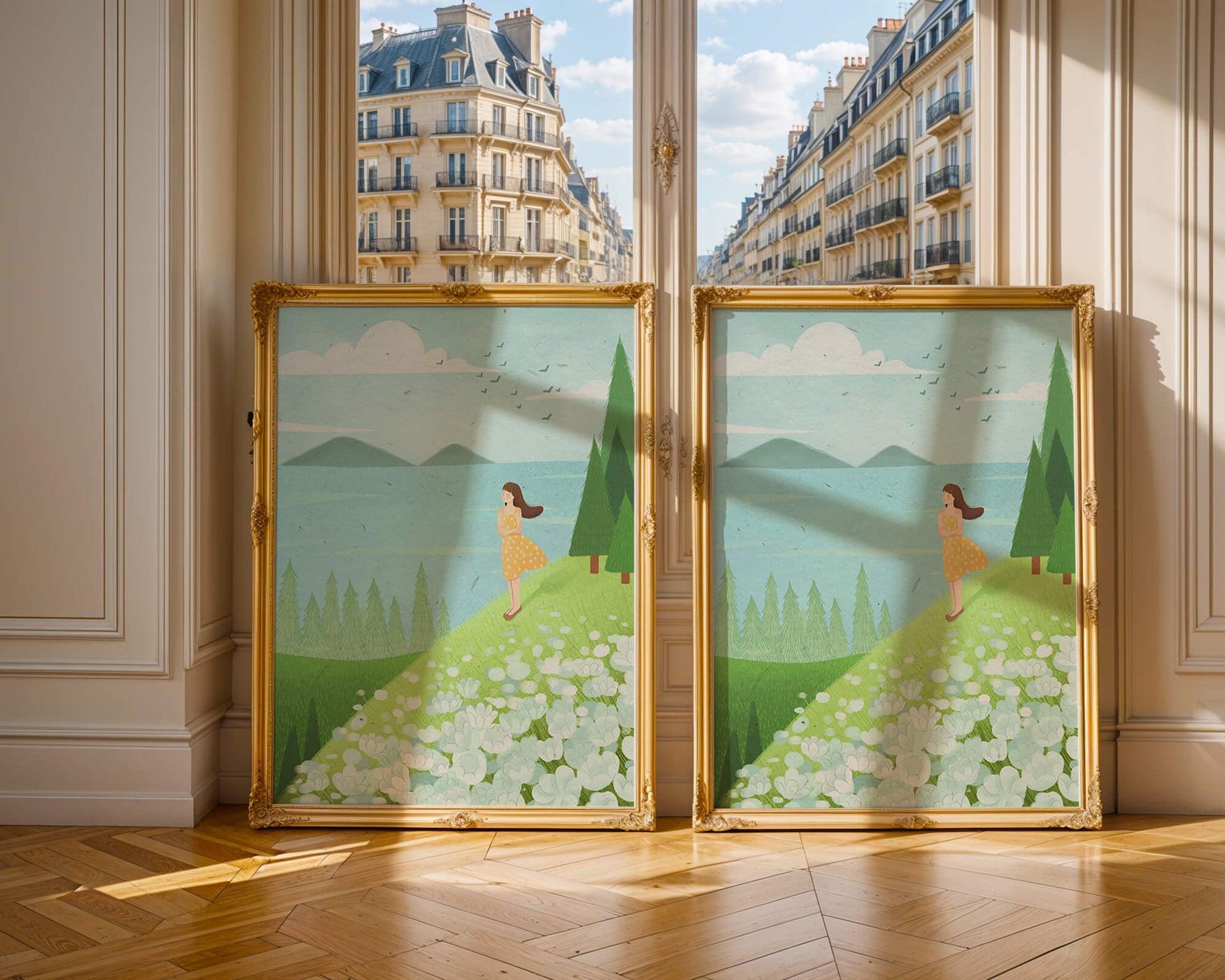 Mujer en vestido amarillo en la ladera con flores y árboles