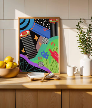 Œuvre d'art psychédélique abstraite colorée avec des formes géométriques et des yeux