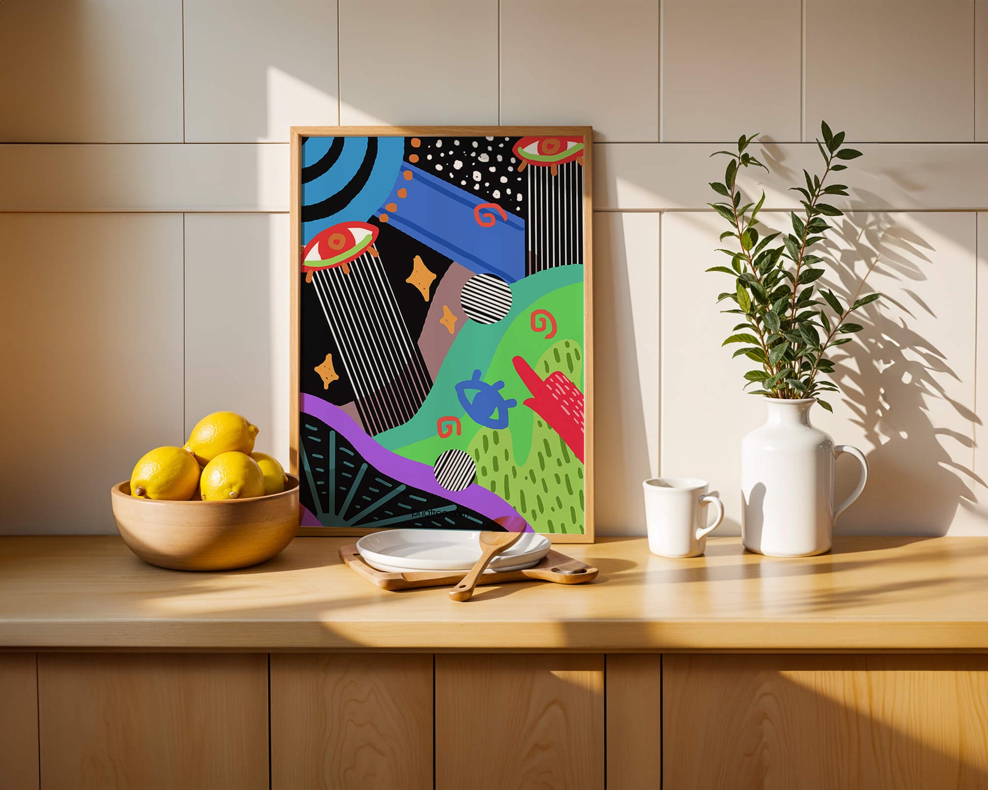 Œuvre d'art psychédélique abstraite colorée avec des formes géométriques et des yeux