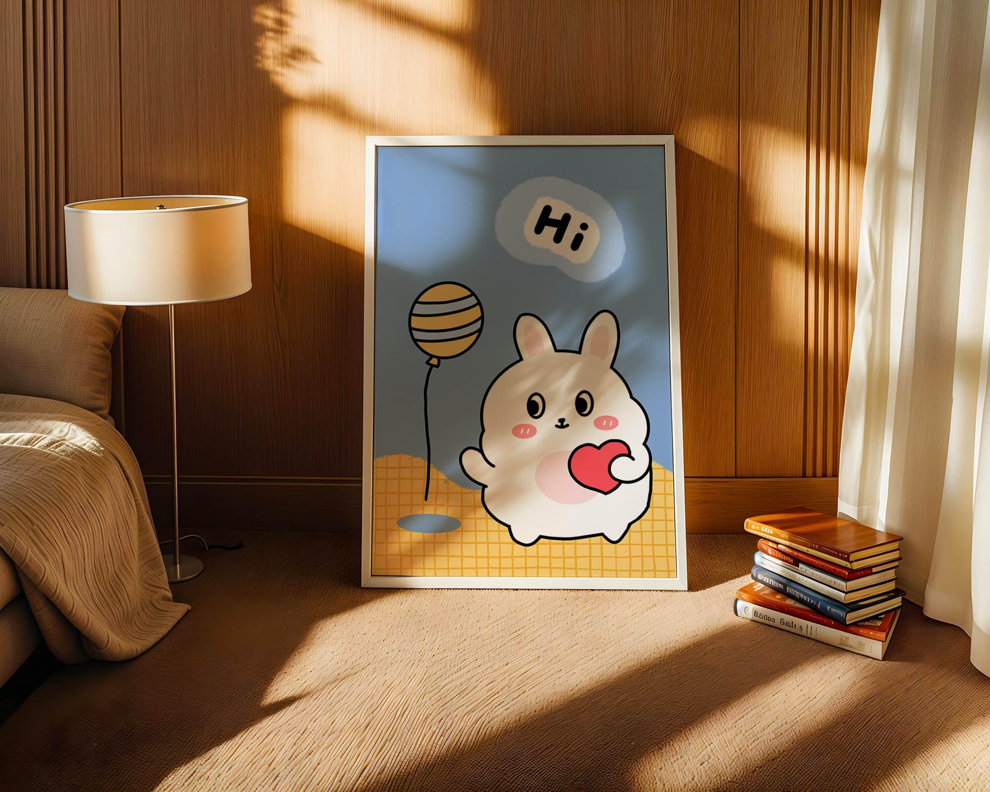 Adorable cartoon bunny with balloon and heart illustration