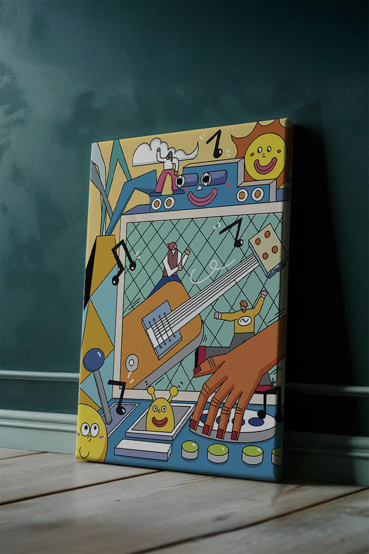 Colorful Cartoon Collage with Musical Elements and Smiling Faces
