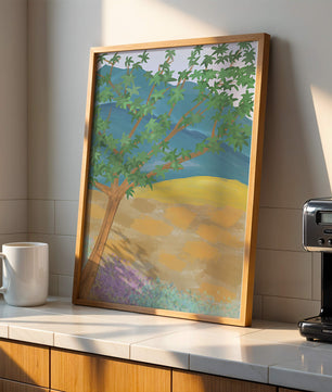 Paisaje pintoresco con árbol vibrante y fondo colorido