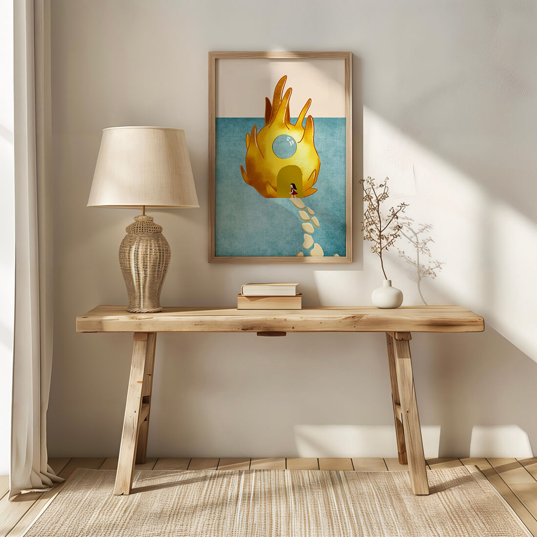 Enchanted House With Golden Flame Shape On Light Blue Background