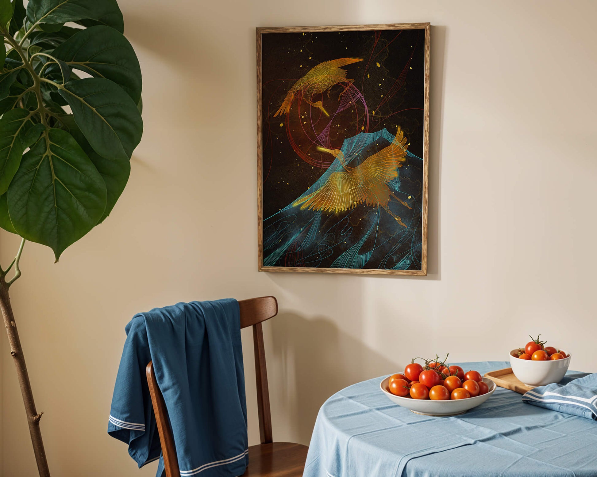 Elegant Cranes in Cosmic Dance with Golden and Blue Accents