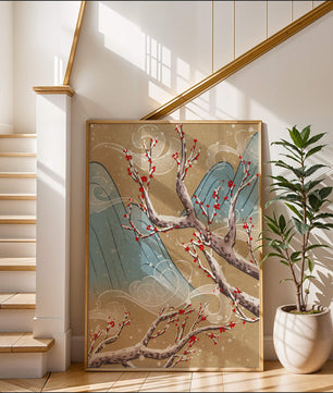 Traditional Japanese landscape with blooming cherry branches