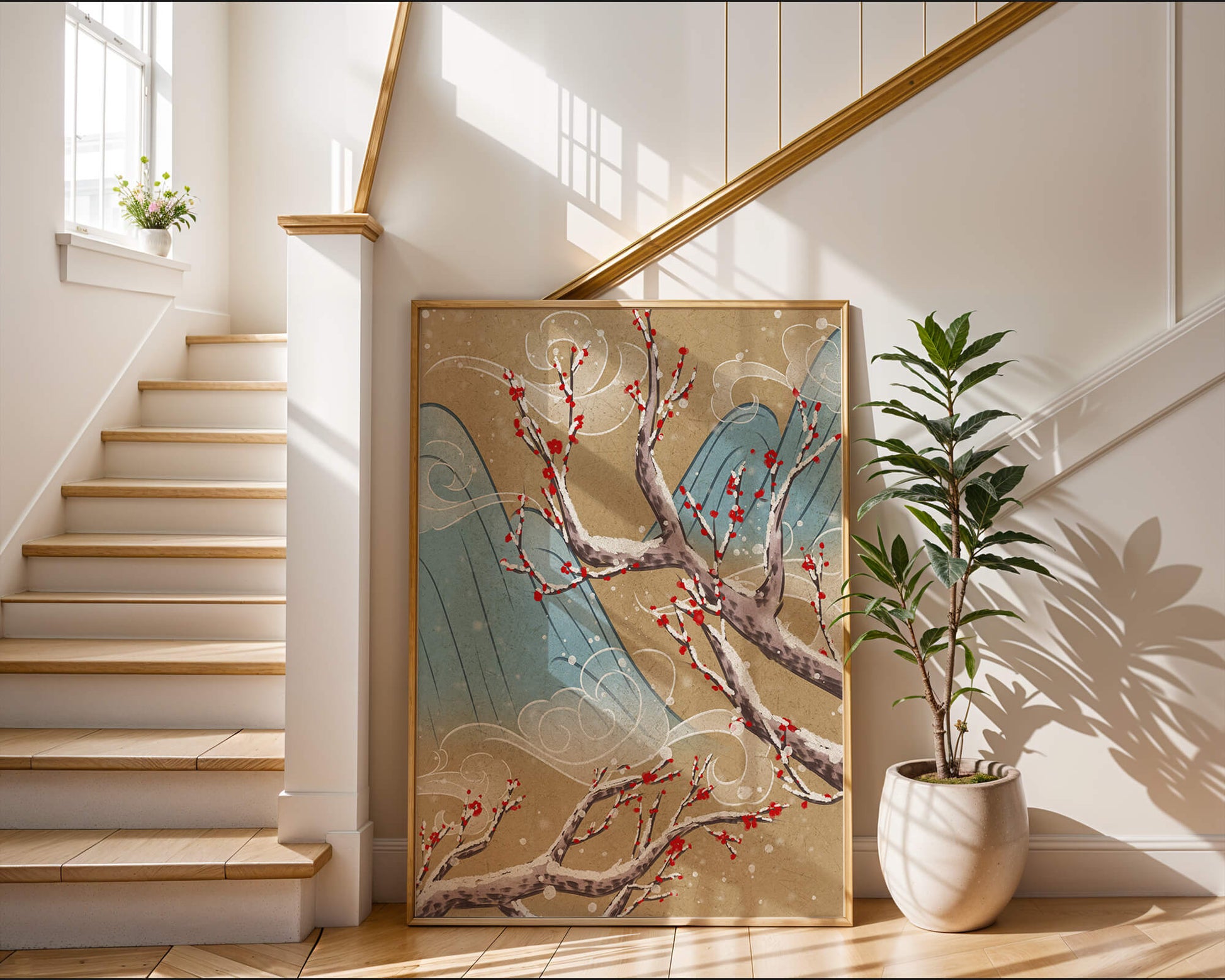 Traditional Japanese landscape with blooming cherry branches