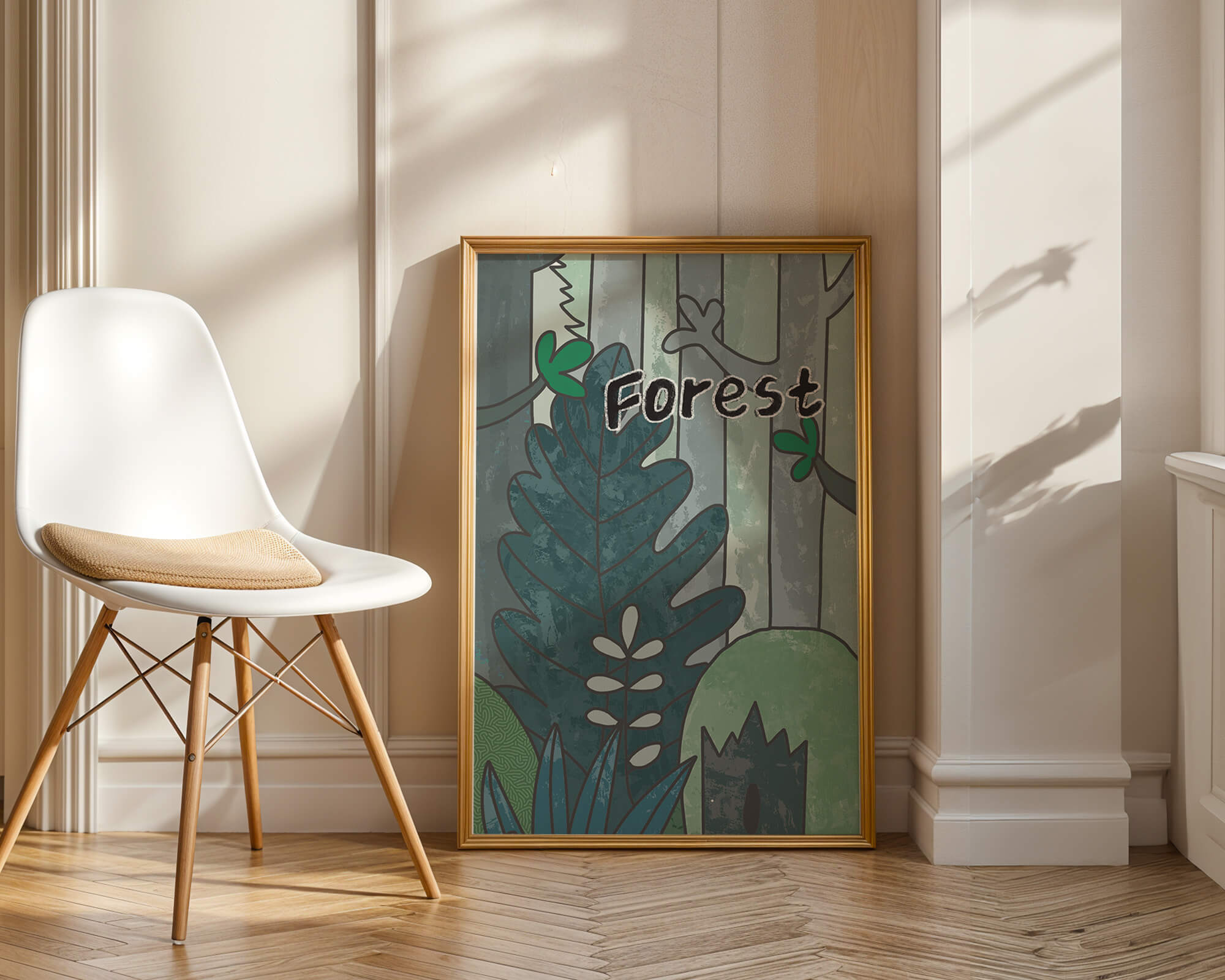 Illustrated forest scene with foliage and text