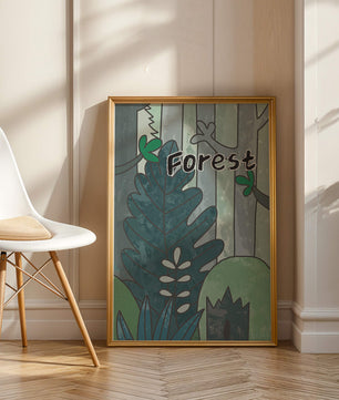 Illustrated forest scene with foliage and text