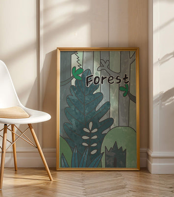 Illustrated forest scene with foliage and text