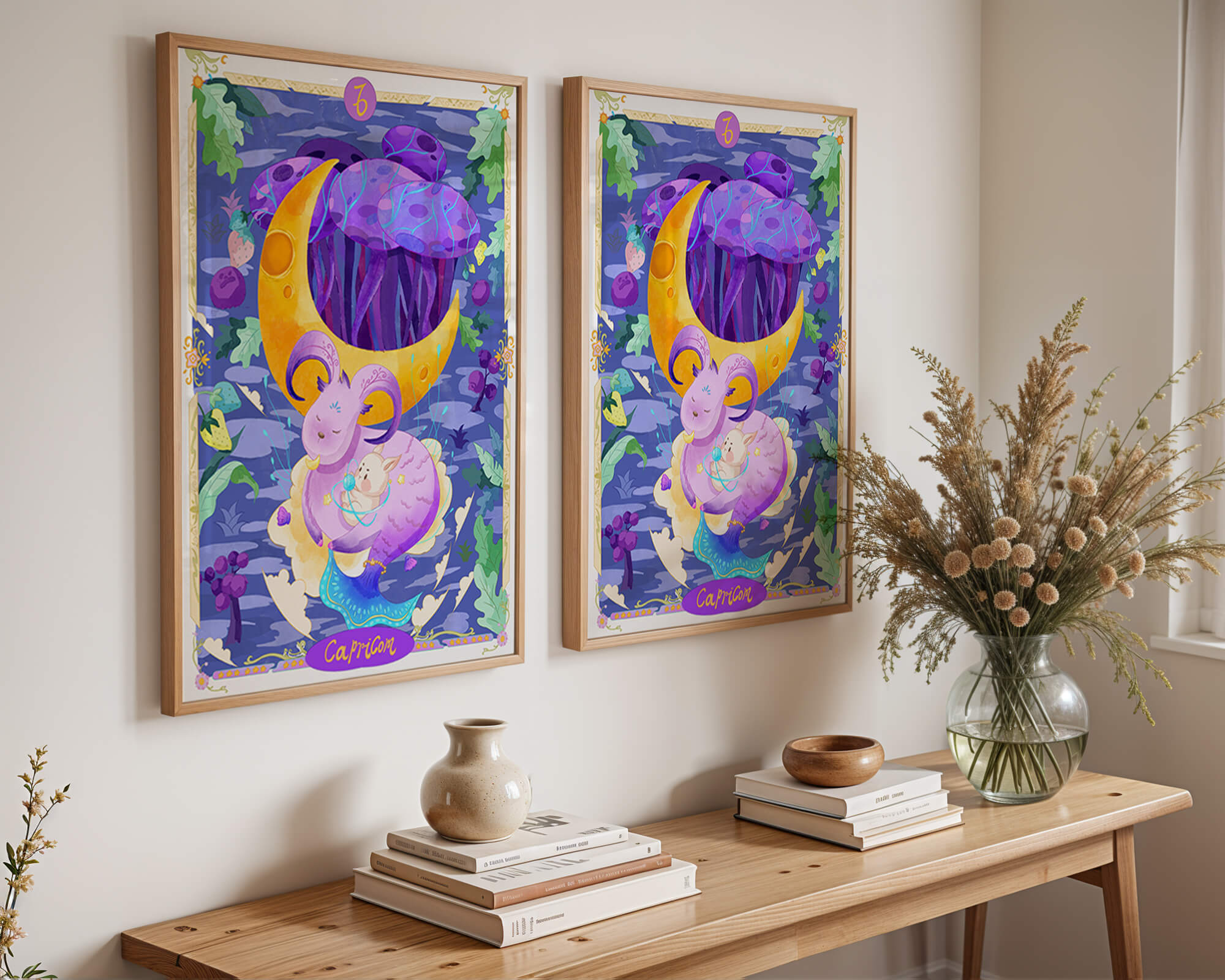 Colorful Capricorn zodiac illustration with fantasy elements