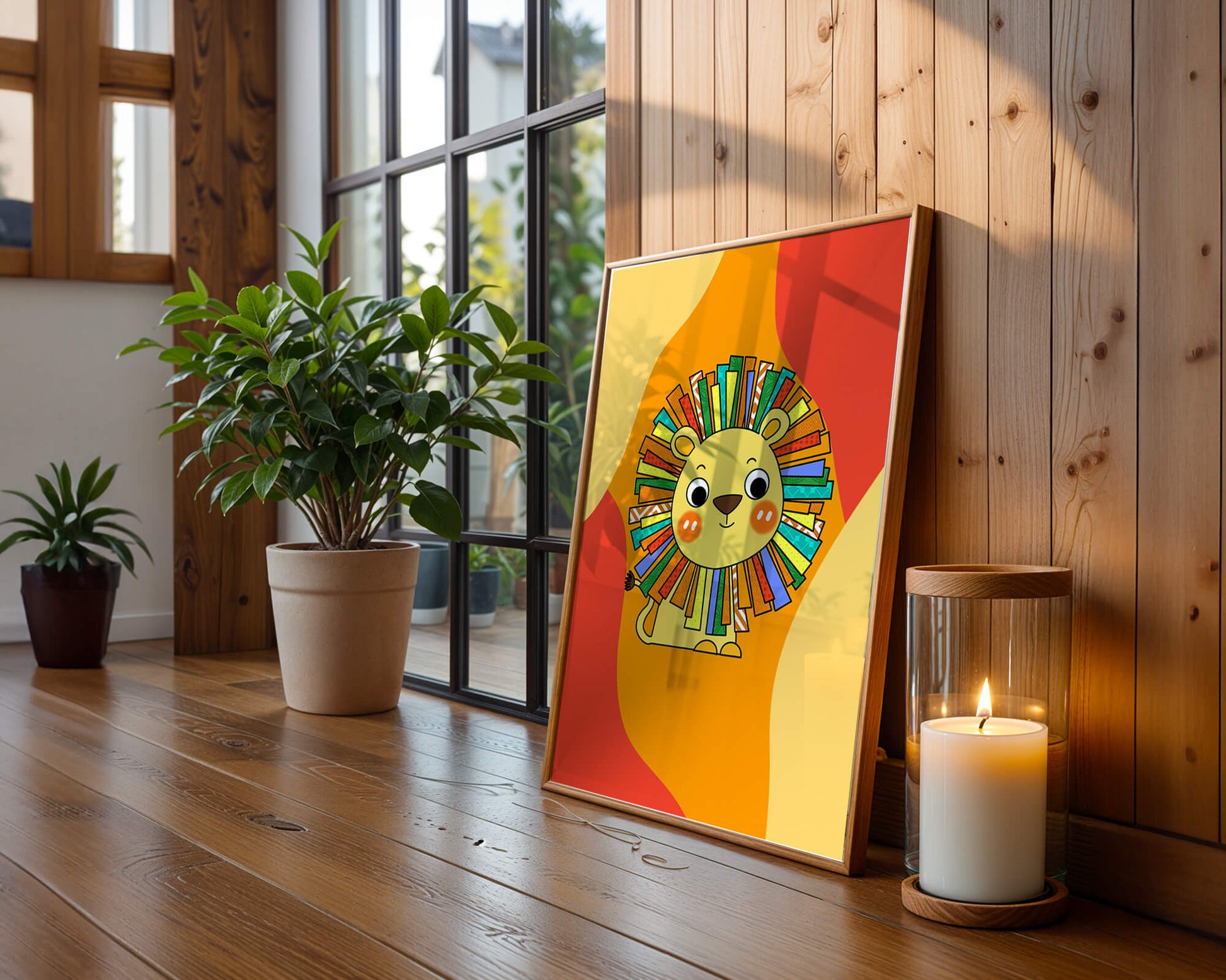 Colorful cartoon lion illustration with vibrant mane on abstract background