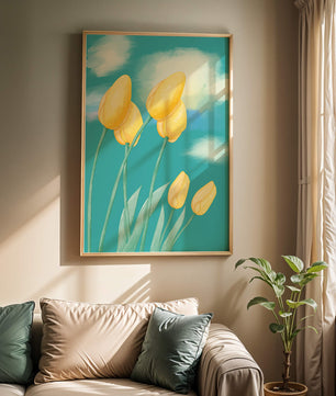 Stylized yellow tulips against a cloudy blue sky background