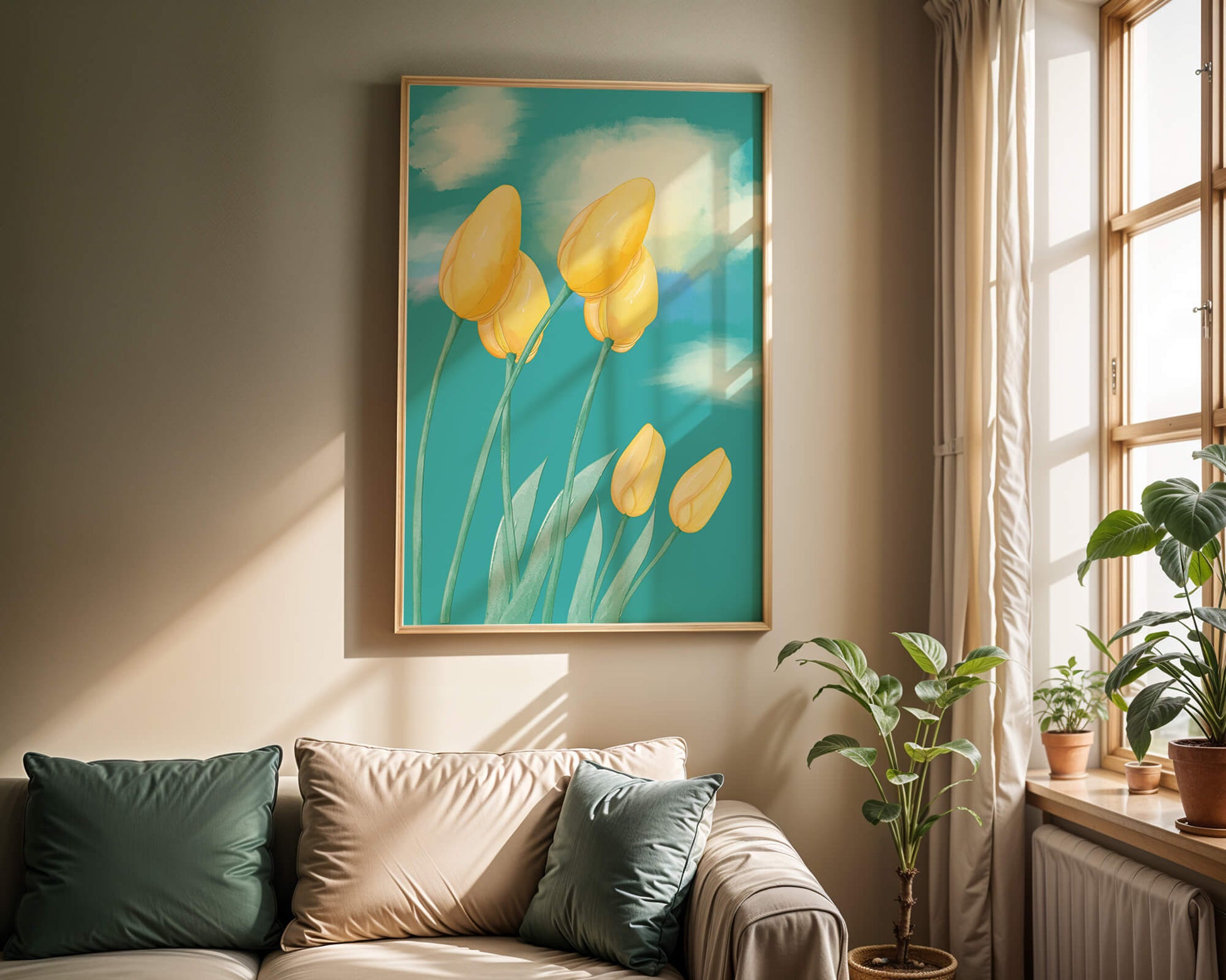 Stylized yellow tulips against a cloudy blue sky background