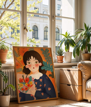 Ilustración encantadora de una chica con flores y corazones