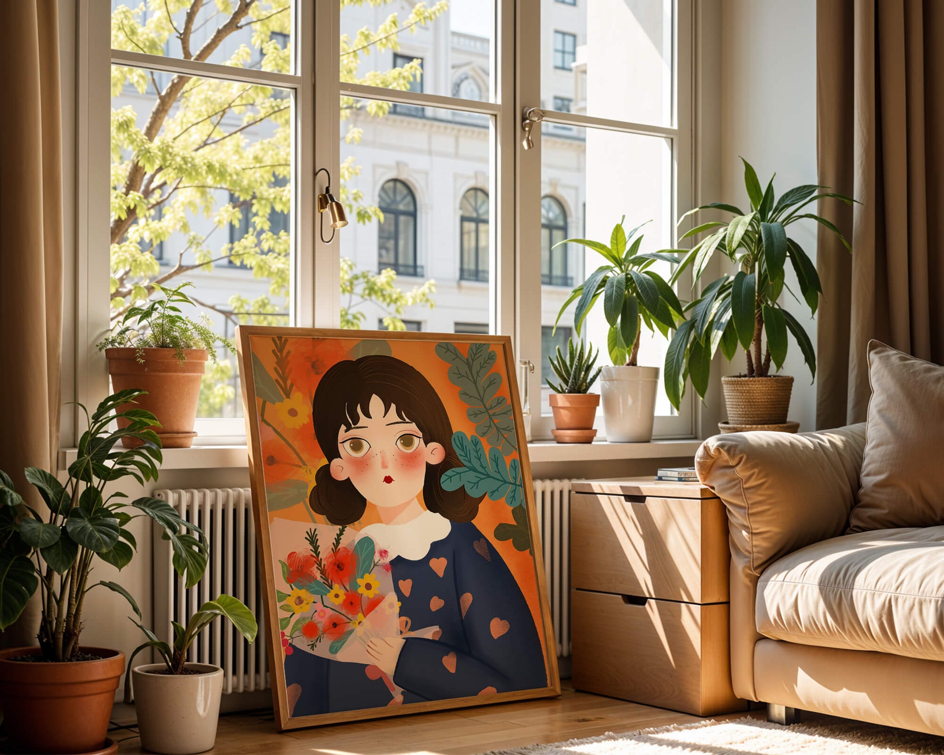 Ilustración encantadora de una chica con flores y corazones