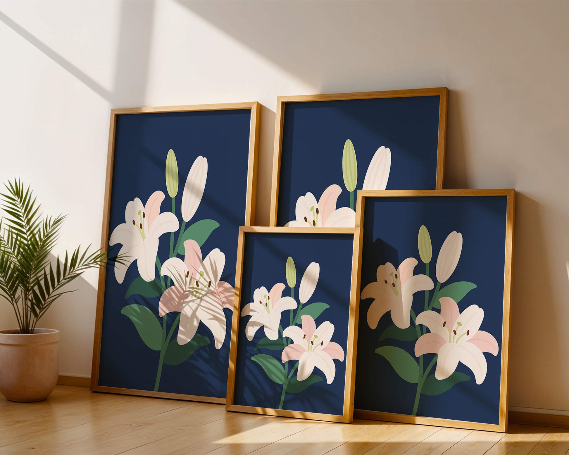 Lirios elegantes sobre un fondo azul oscuro