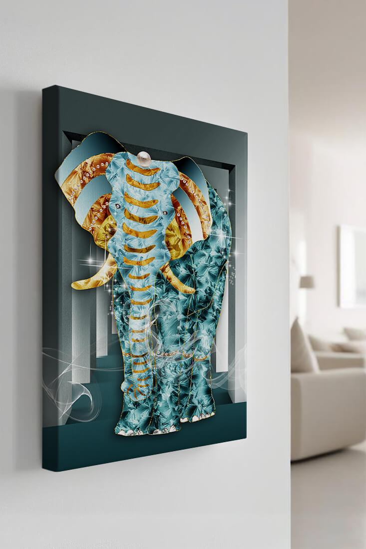 Elephant with Gold and Blue Textures in Surreal Geometric Background