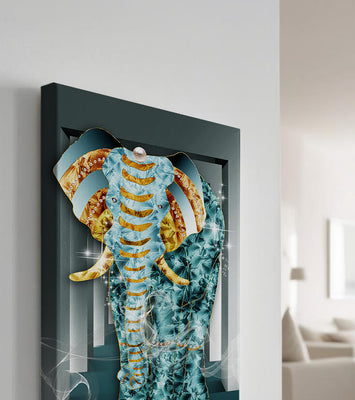 Elephant with Gold and Blue Textures in Surreal Geometric Background