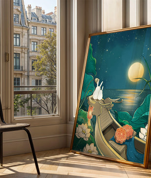 Ilustración serena de conejos contemplando una luna brillante sobre un lago tranquilo