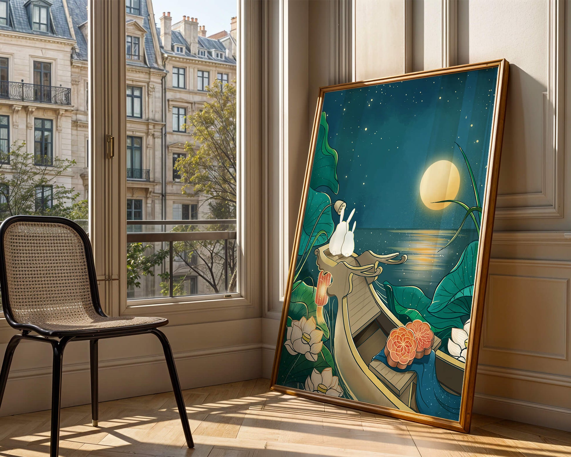 Serene illustration of rabbits gazing at a bright moon on a tranquil lake