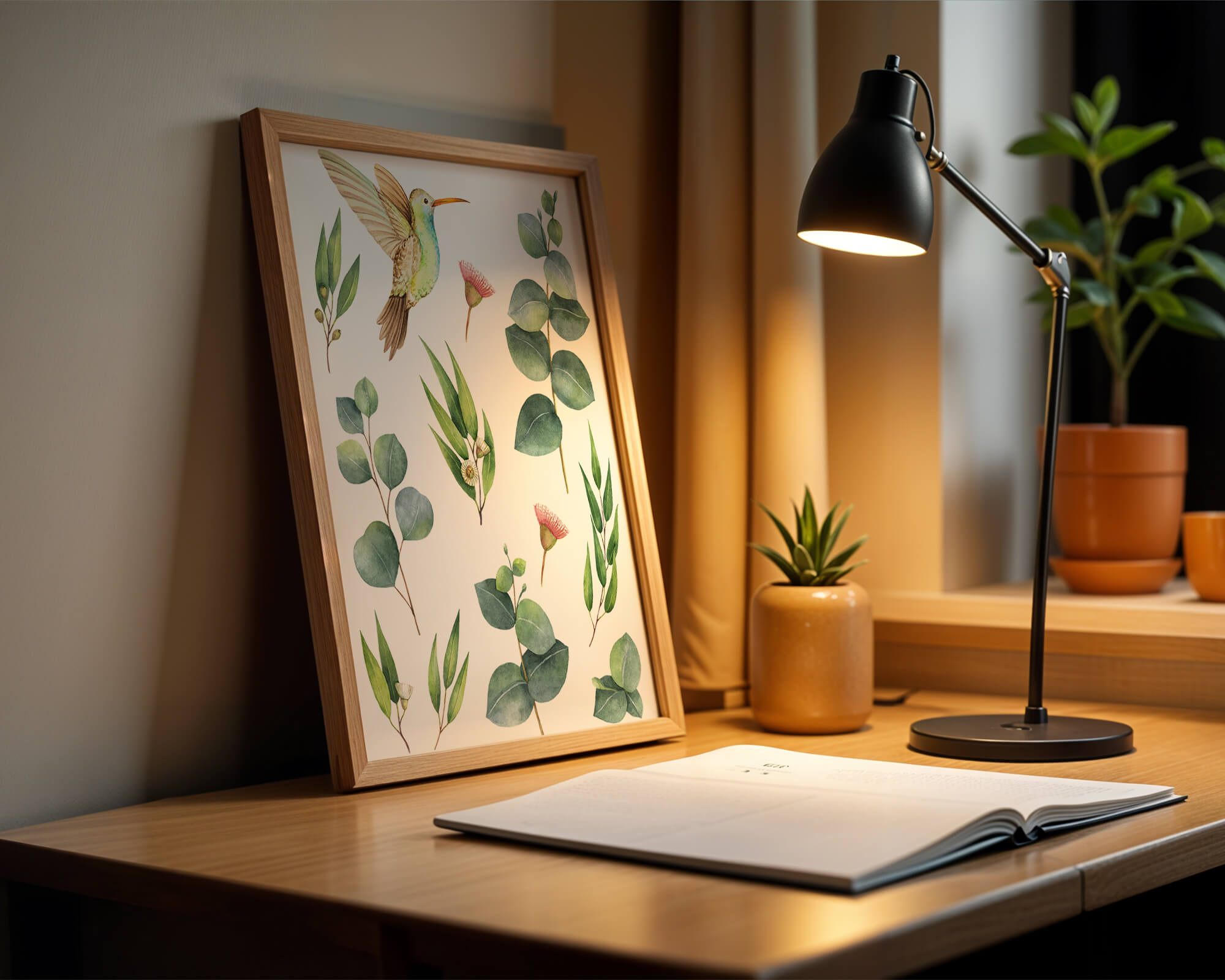 Watercolor hummingbird and eucalyptus leaves illustration