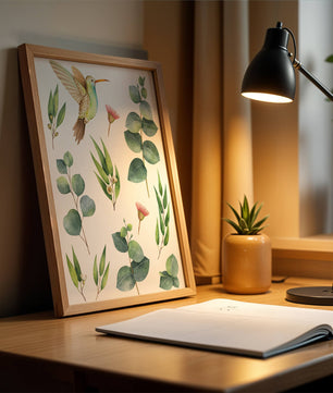Illustration d'un colibri à l'aquarelle et de feuilles d'eucalyptus