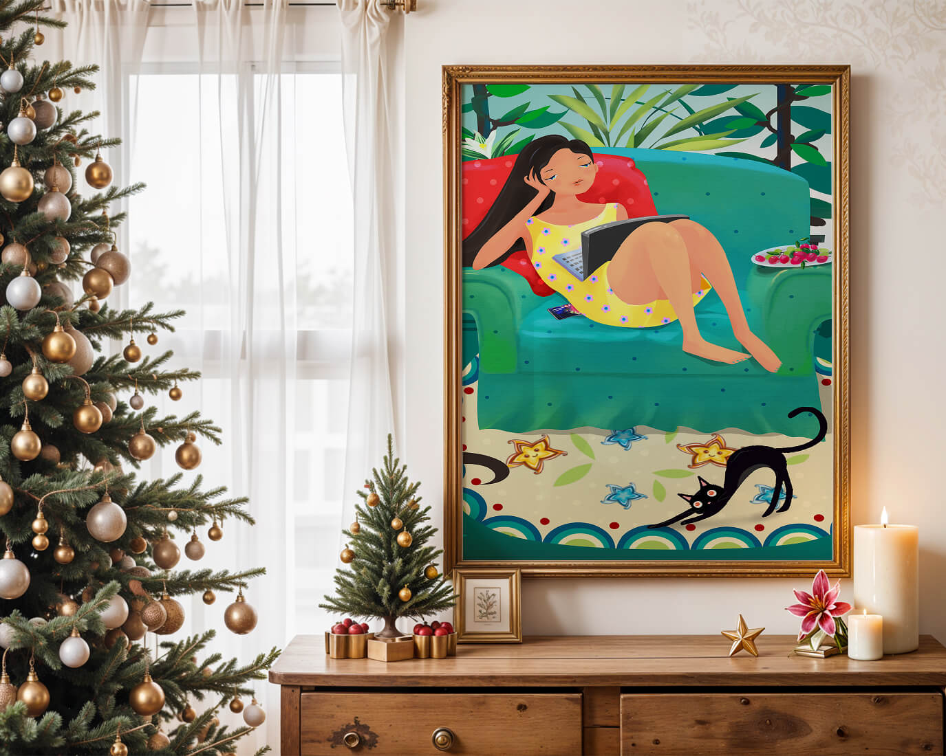 Young Woman Relaxing on Couch with Cat and Fruits in Vibrant Living Room