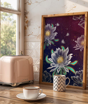 Floral Fantasy with Glowing Elements and Butterflies in Night Sky