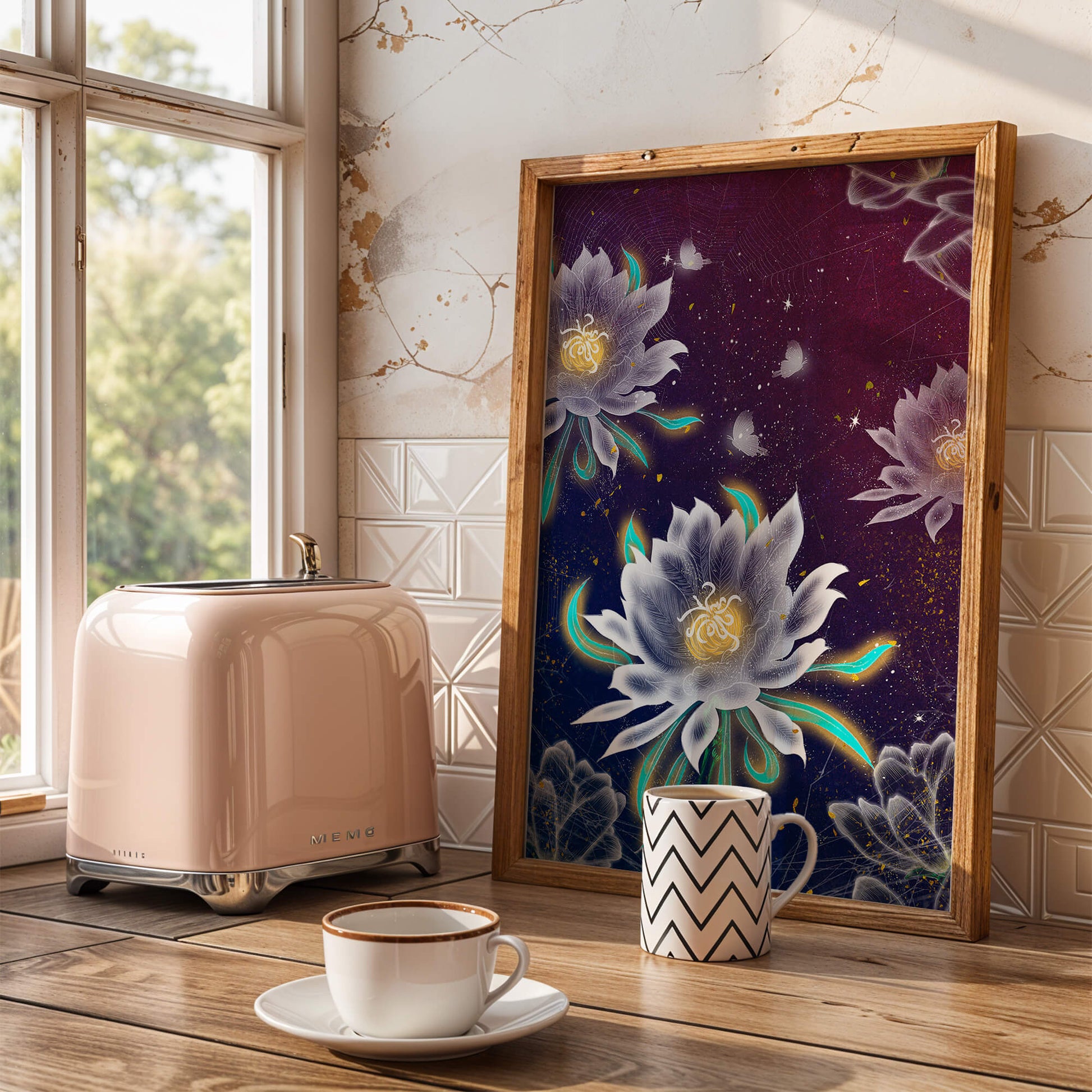 Floral Fantasy with Glowing Elements and Butterflies in Night Sky
