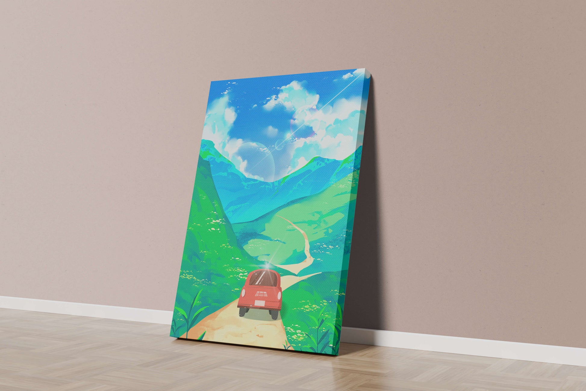 Red Car on a Scenic Road Through Green Hills Under a Vibrant Blue Sky