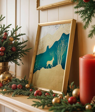 Elegante abstrakte Kunst mit goldenem Hirsch und Naturthema
