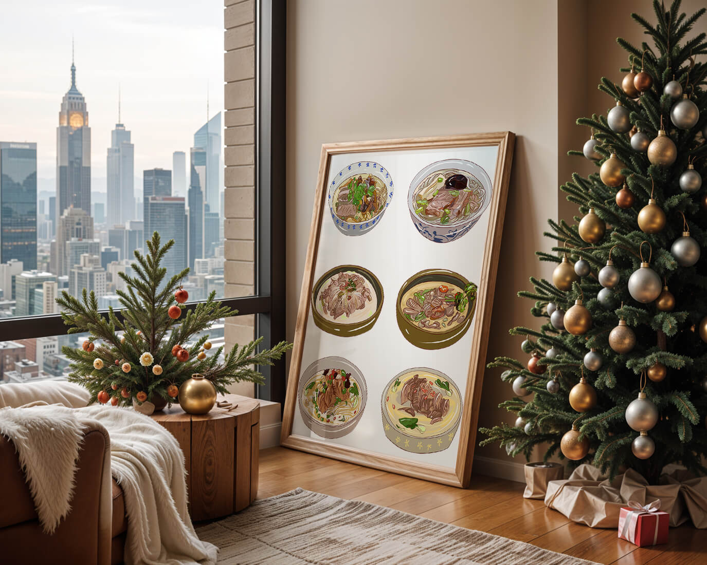 Illustrated bowls of Asian noodle soups with herbs and vegetables
