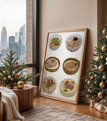 Illustrated bowls of Asian noodle soups with herbs and vegetables