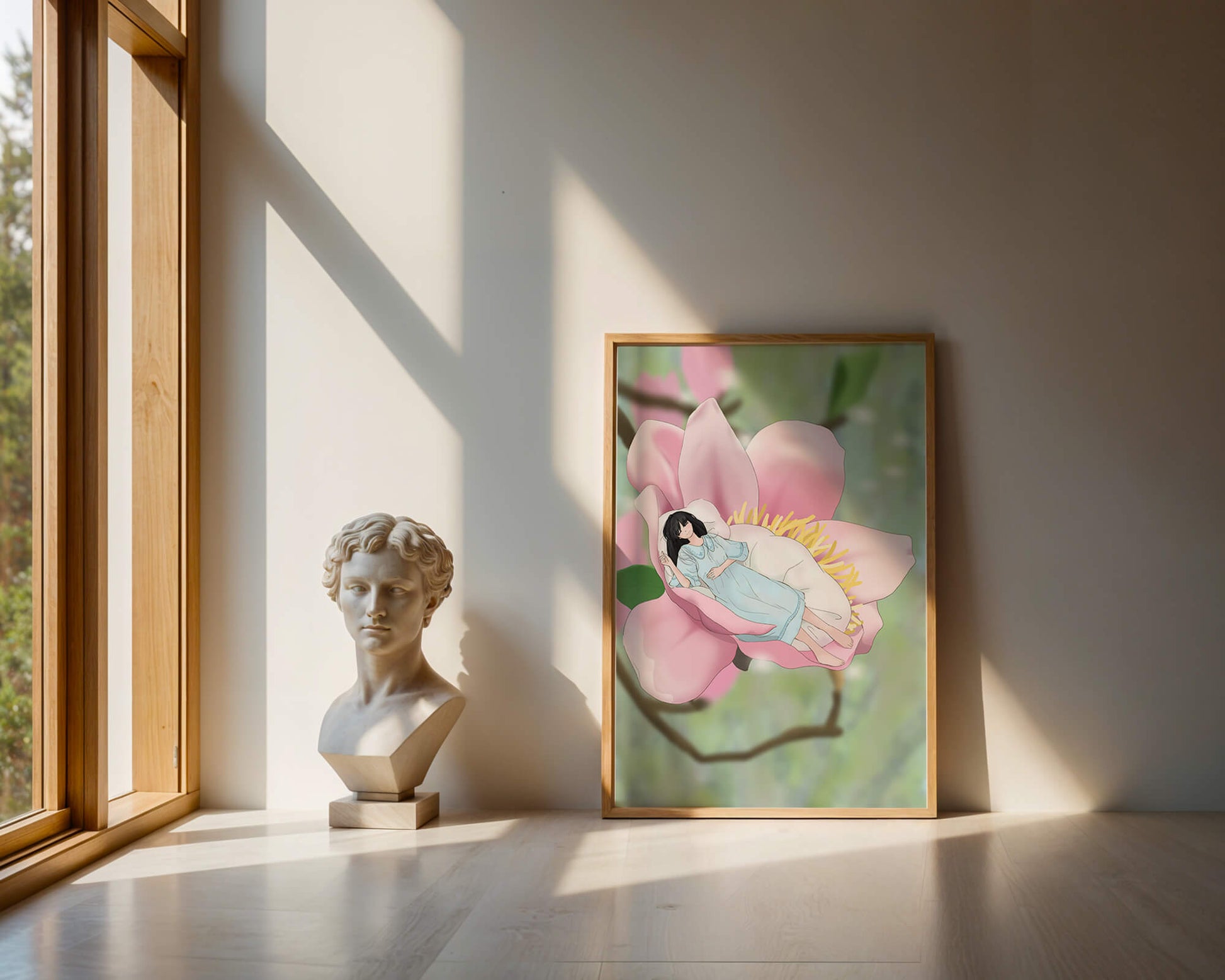 Dreamlike scene of a woman sleeping in a large pink flower