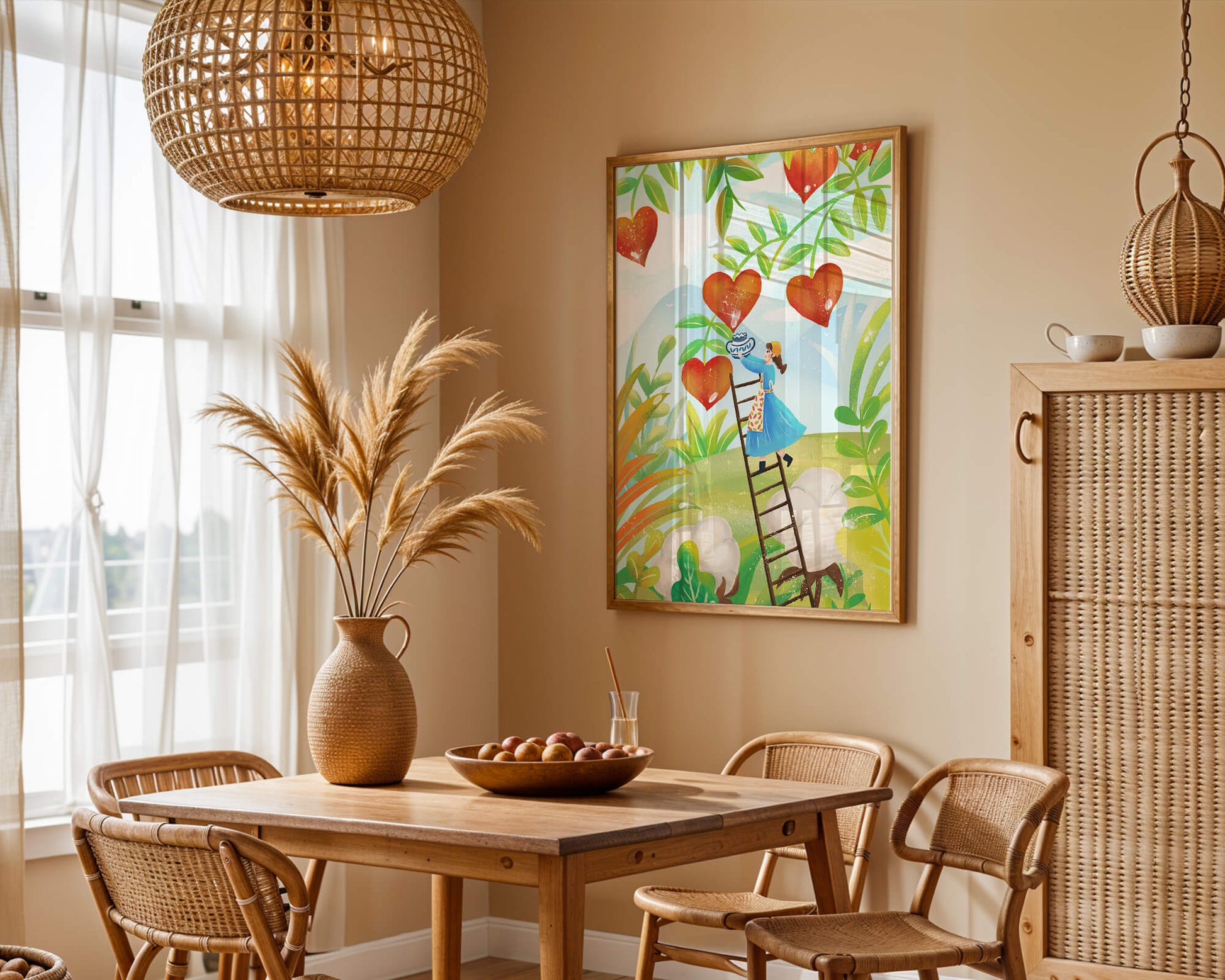 Mujer recolectando frutas en forma de corazón en el vibrante campo