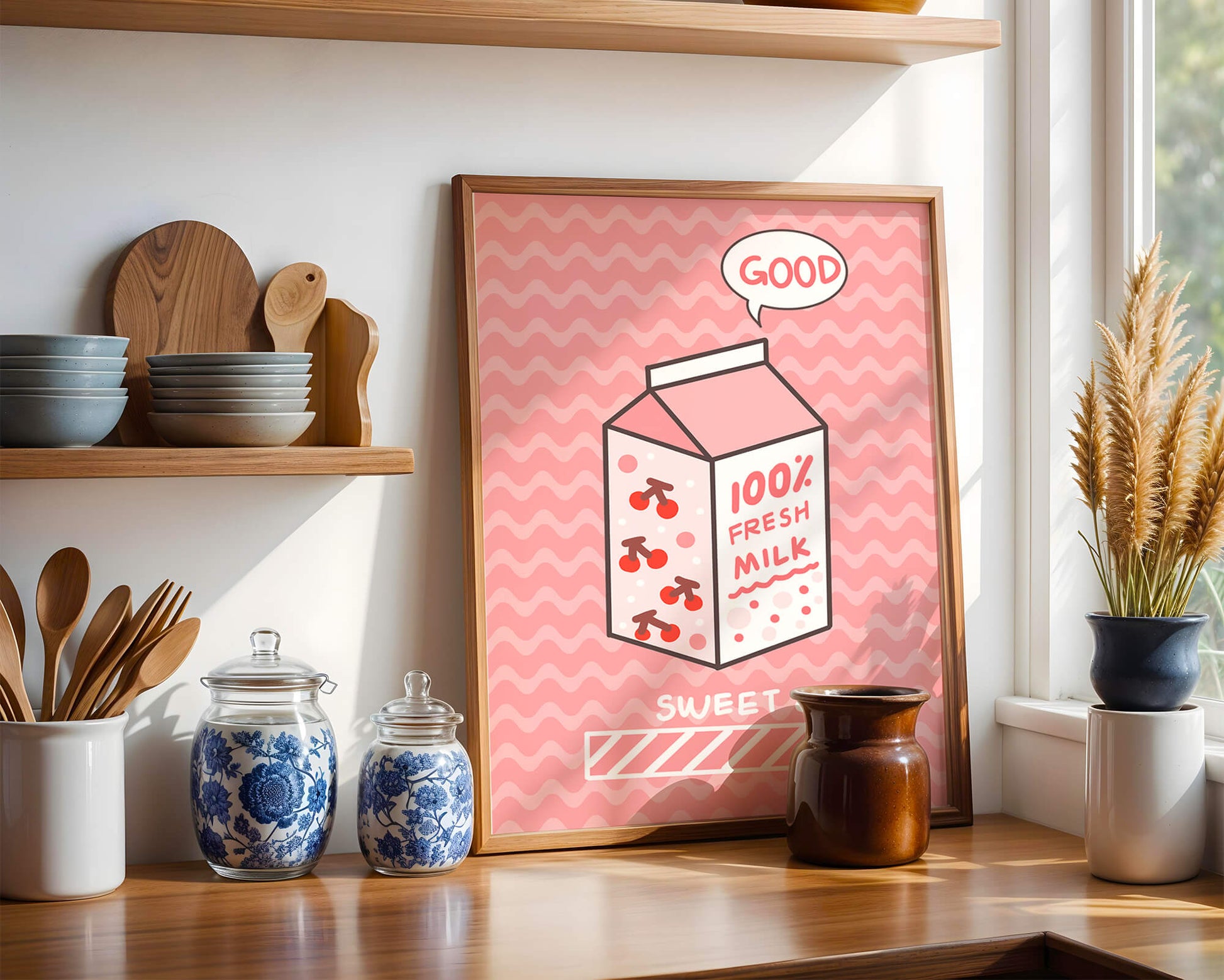 Playful illustration of milk carton with cherry design on pink background