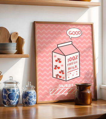 Playful illustration of milk carton with cherry design on pink background
