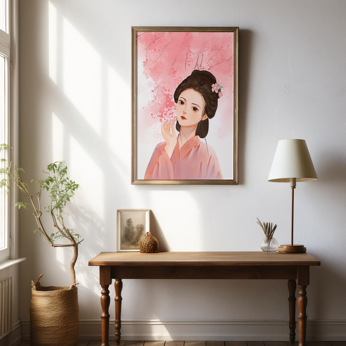 Traditional Japanese woman with pink cherry blossoms in the background