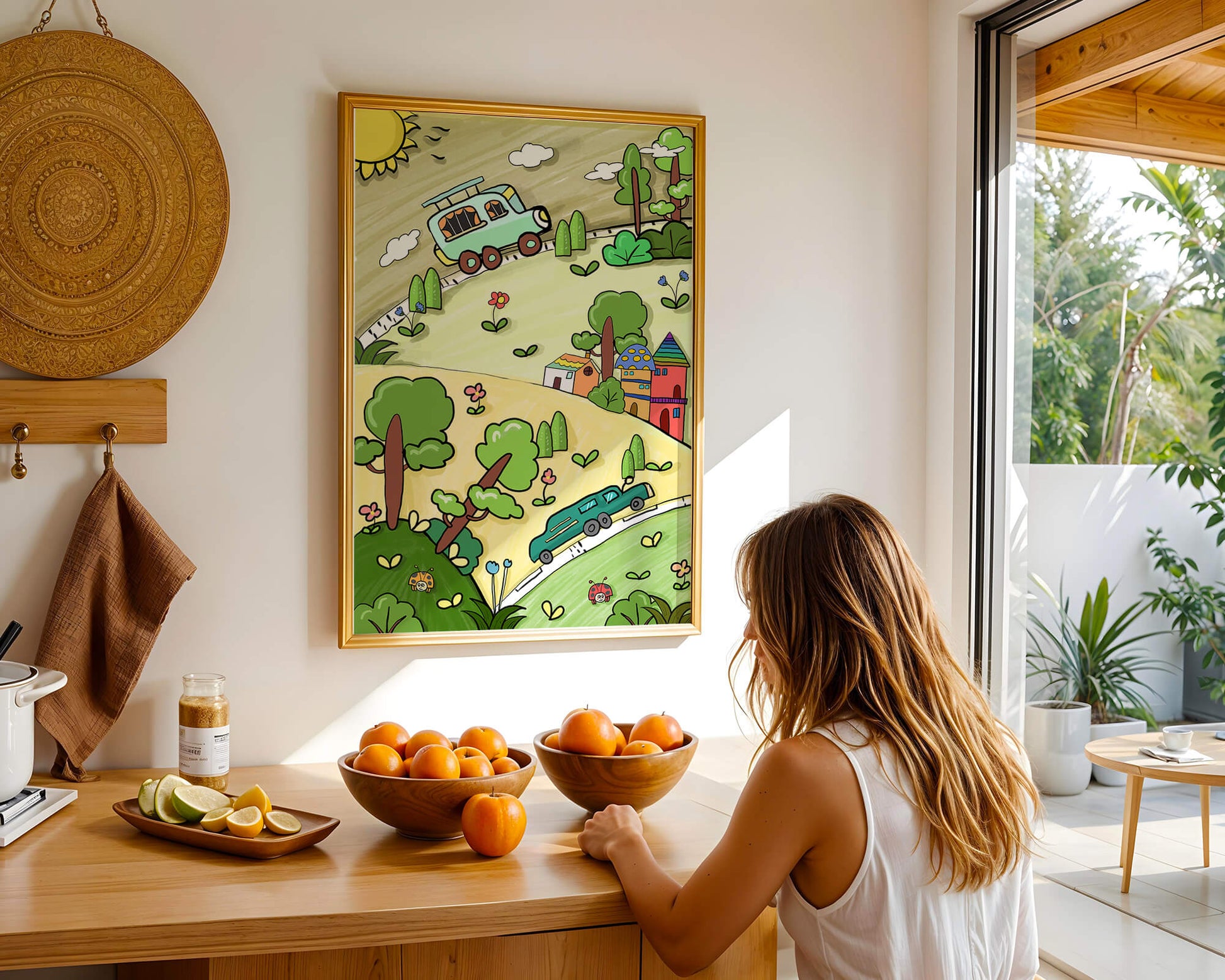 Whimsical landscape with houses, cars, and colorful flora