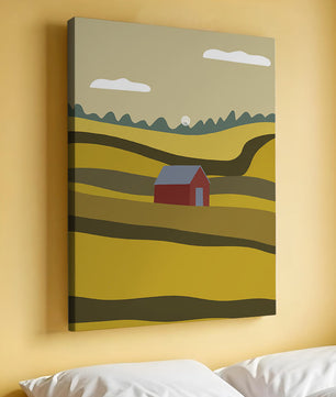 Landscape With Red Barn Amidst Rolling Hills Under Blue Sky