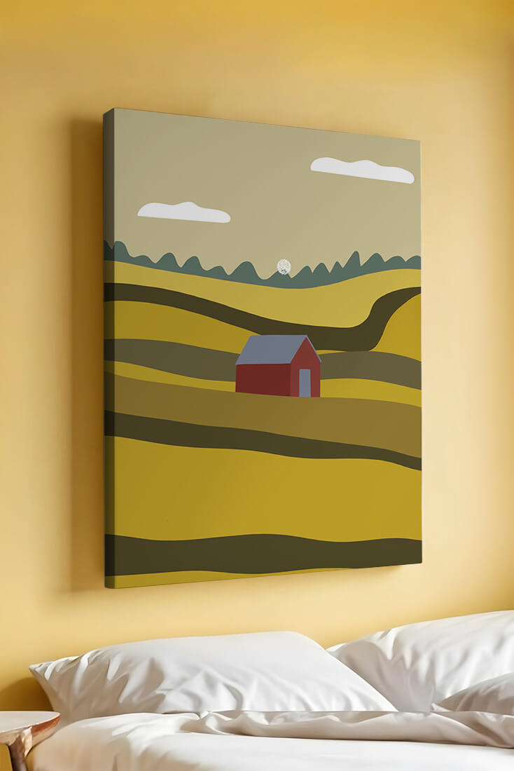 Paisaje con granero rojo entre colinas onduladas bajo un cielo azul